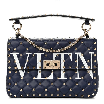 Valentino Garavani Nappa VLTN Print Medium Rockstud Spike Shoulder Bag Pure Blue White 1 of 12