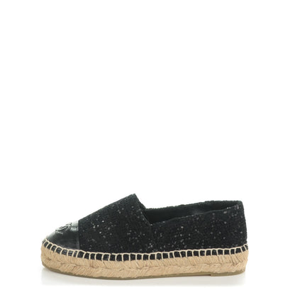 Chanel Tweed Patent Goatskin Sequin CC Espadrilles 35 Black 1 of 8