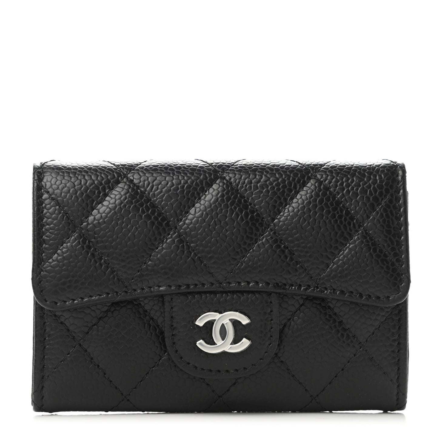 Caviar Quilted Flap Card Holder Wallet Black