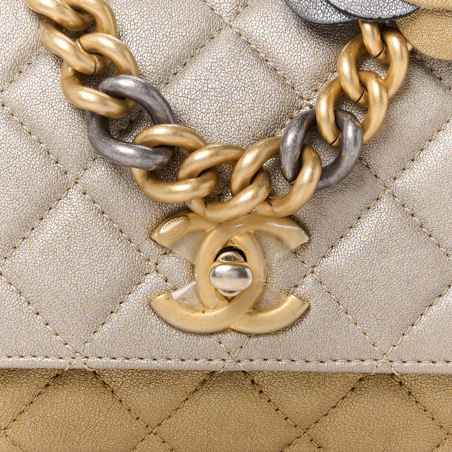Lambskin Quilted Private Affair Camellia Flap Pale Gold Silver Dark Gold
