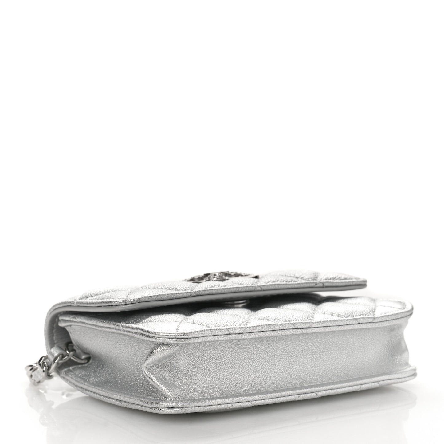 Metallic Goatskin Quilted Crystal CC Walk Of Fame Clutch With Chain Silver