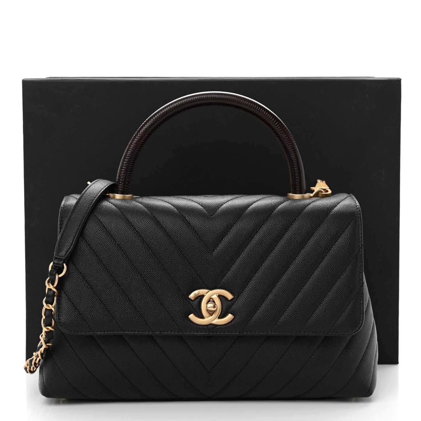 Caviar Lizard Embossed Chevron Quilted Medium Coco Handle Flap Black