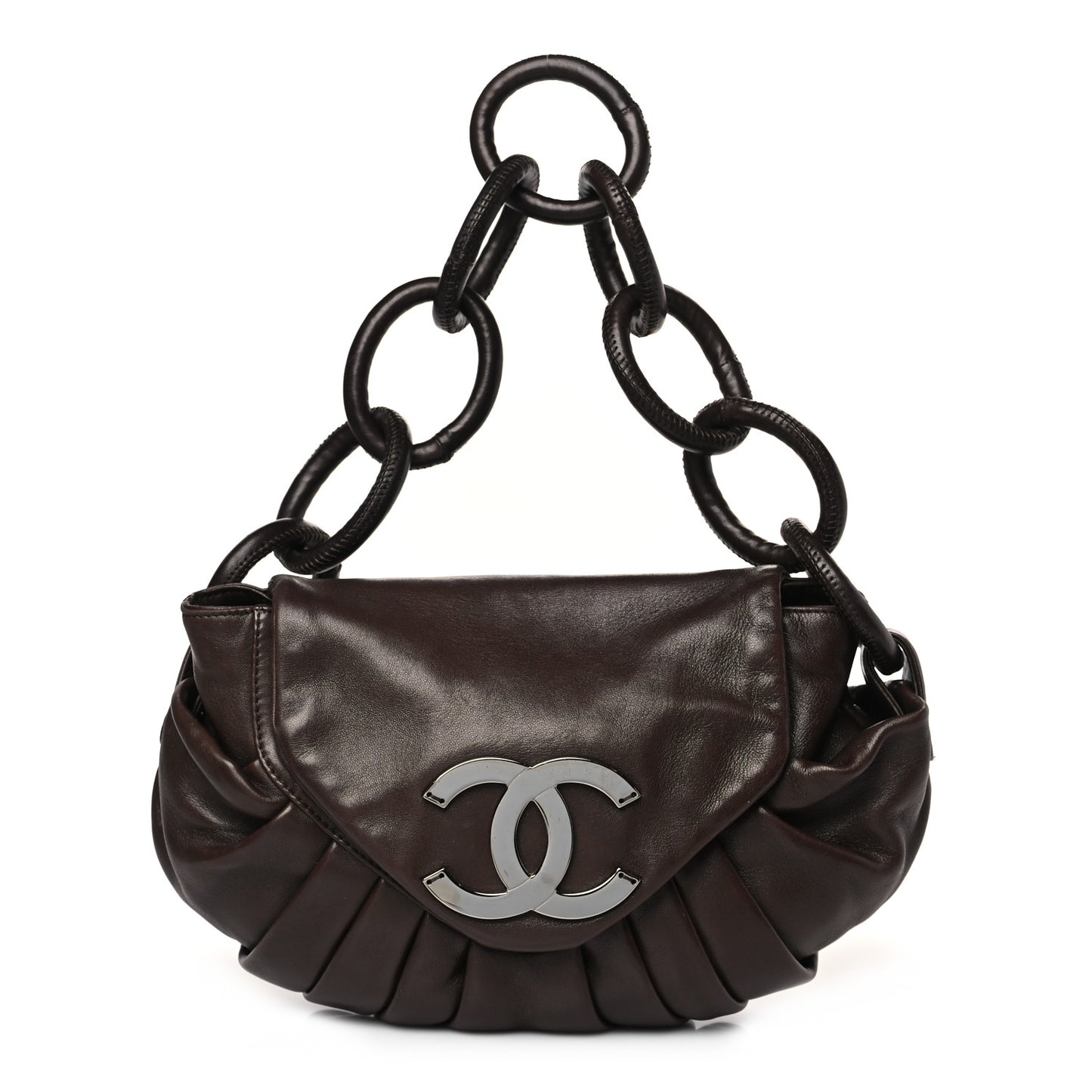 Lambskin Pleated CC Shoulder Bag Marron Fonce