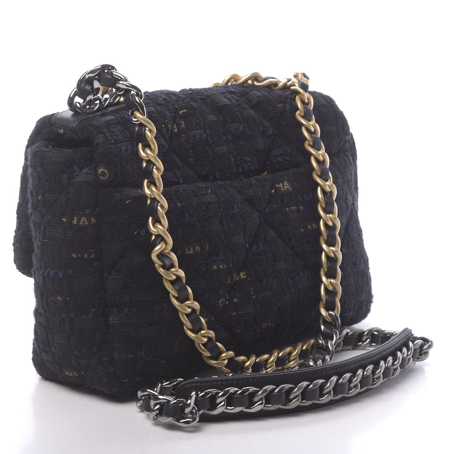 Tweed Quilted Medium 19 Flap Black Navy Gold