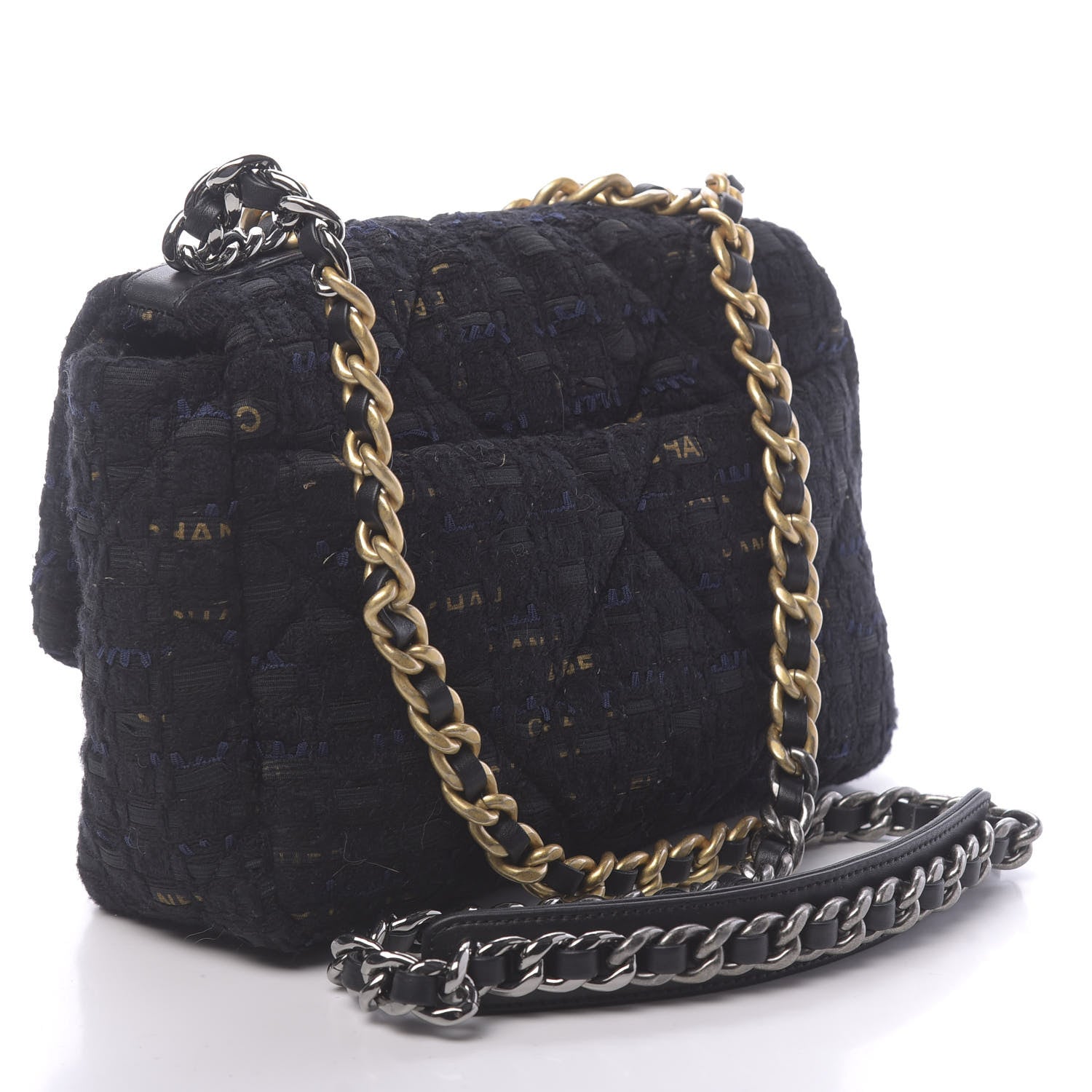 Chanel Tweed Quilted Medium 19 Flap Black Navy Gold 3 of 11