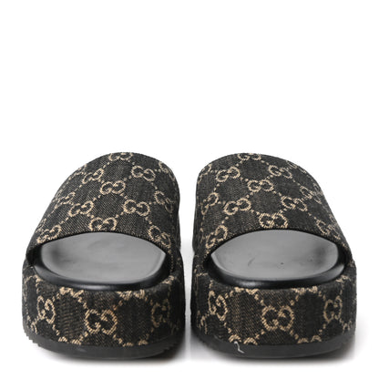 Gucci Jacquard Black Denim GG Monogram Angelina Platform 55mm Slide Sandals 39.5 Black Ivory 3 of 10