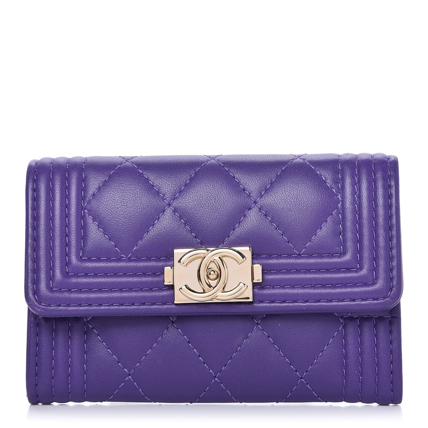 Lambskin Quilted Boy Card Holder Wallet Purple