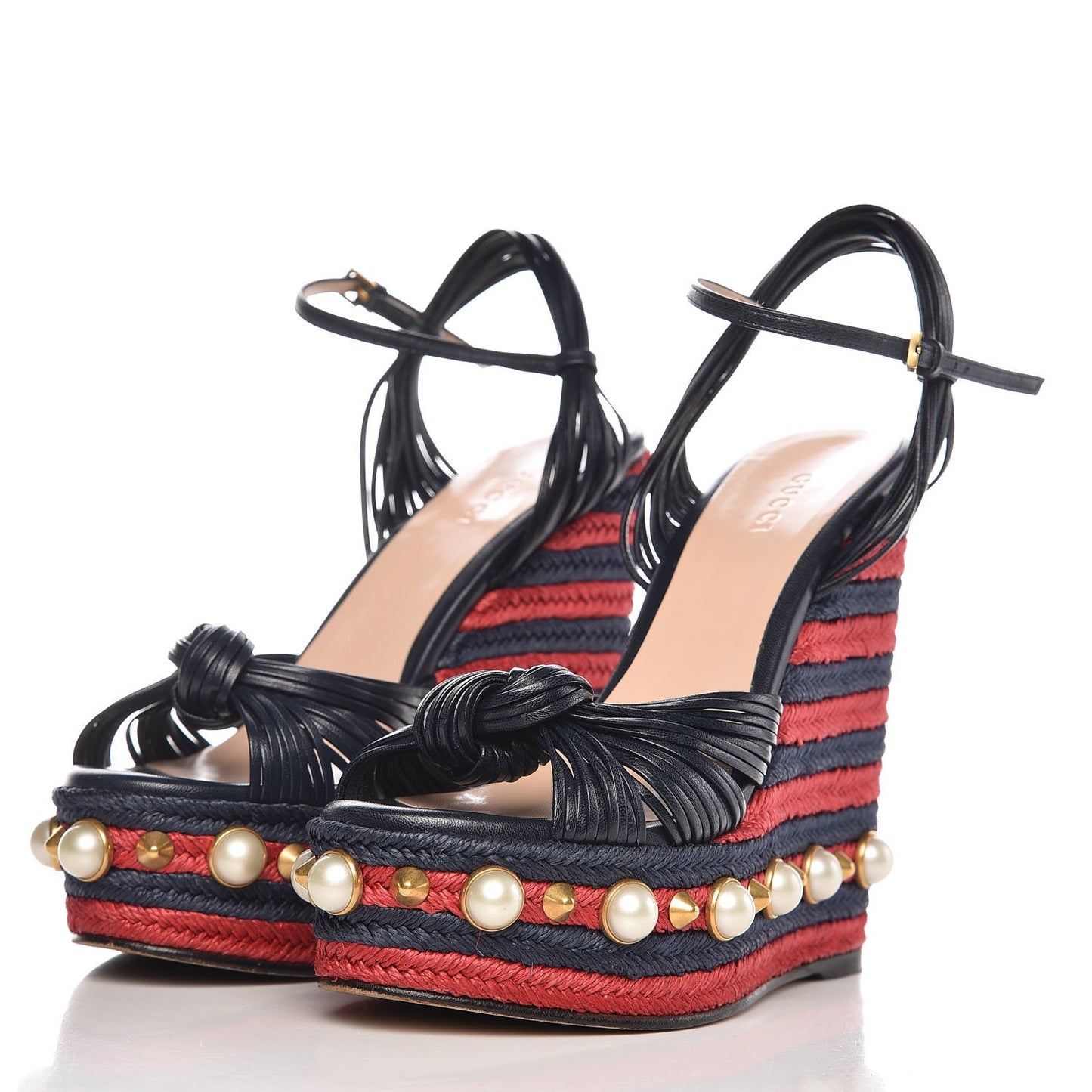 Raffia Calfskin Pearl Embellished Barbette Espadrille Platform Wedge Sandals 36.5 Midnight Blue Red