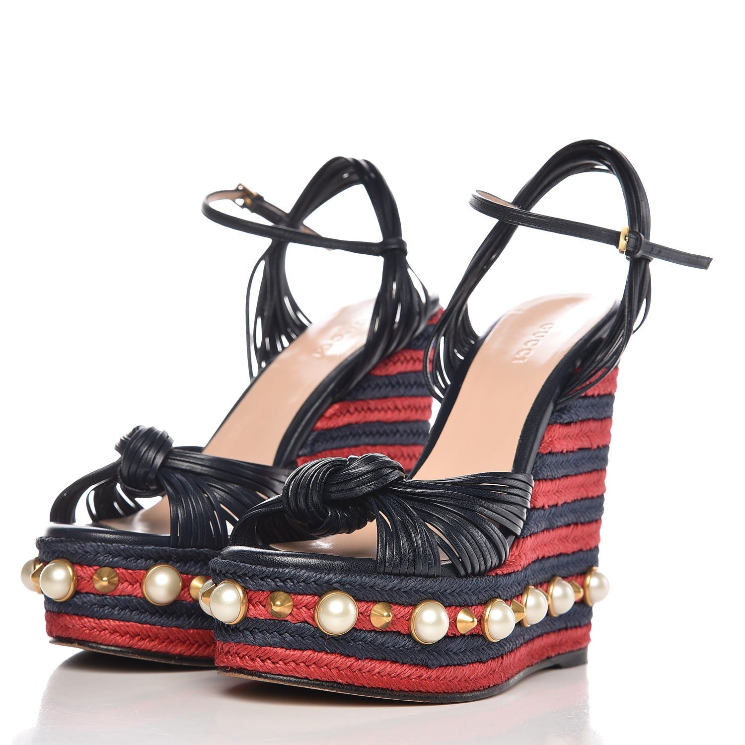 Gucci Raffia Calfskin Pearl Embellished Barbette Espadrille Platform Wedge Sandals 36.5 Midnight Blue Red 3 of 12