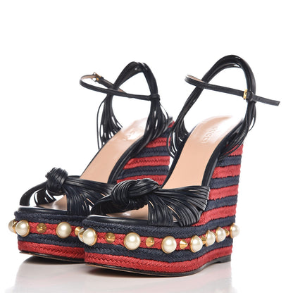 Gucci Raffia Calfskin Pearl Embellished Barbette Espadrille Platform Wedge Sandals 36.5 Midnight Blue Red 3 of 12