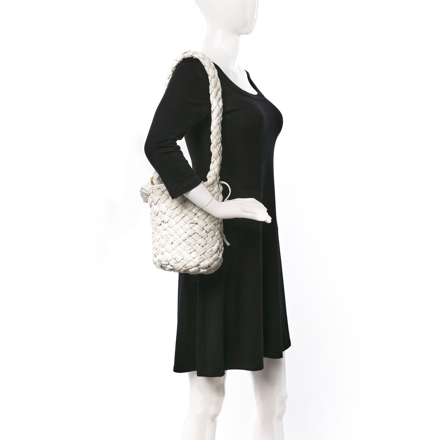 Calfskin Intrecciato Small Foulard Kalimero Bucket Bag Bone