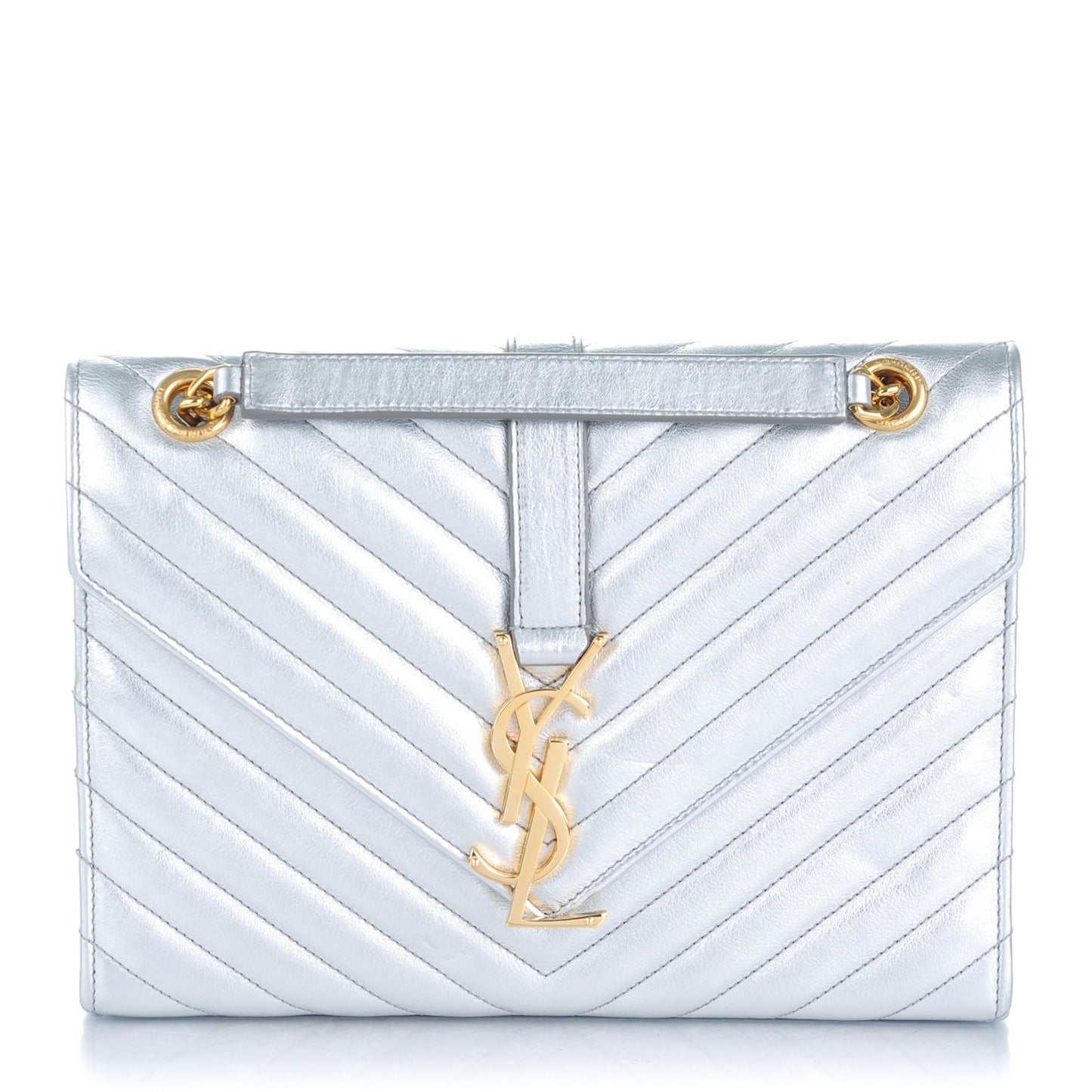 Metallic Sheepskin Matelasse Chevron Medium Monogram Satchel Silver