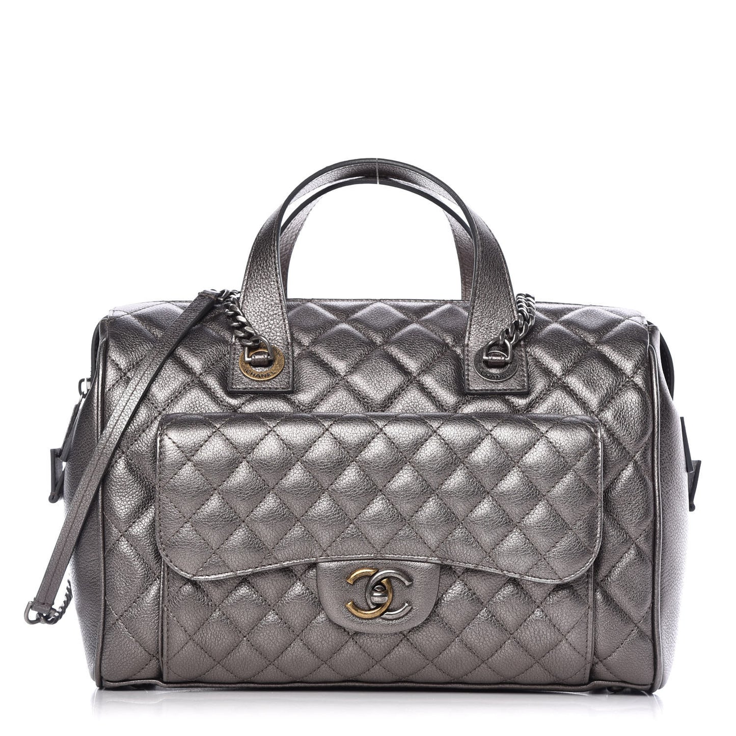 Metallic Grained Calfskin Quilted Large Casual Pocket Bowling Bag Silver