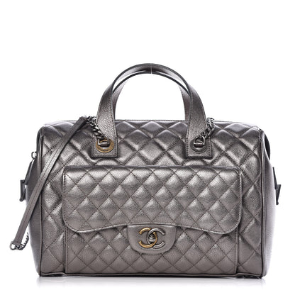 Chanel Metallic Grained Calfskin Quilted Large Casual Pocket Bowling Bag Silver 1 of 9