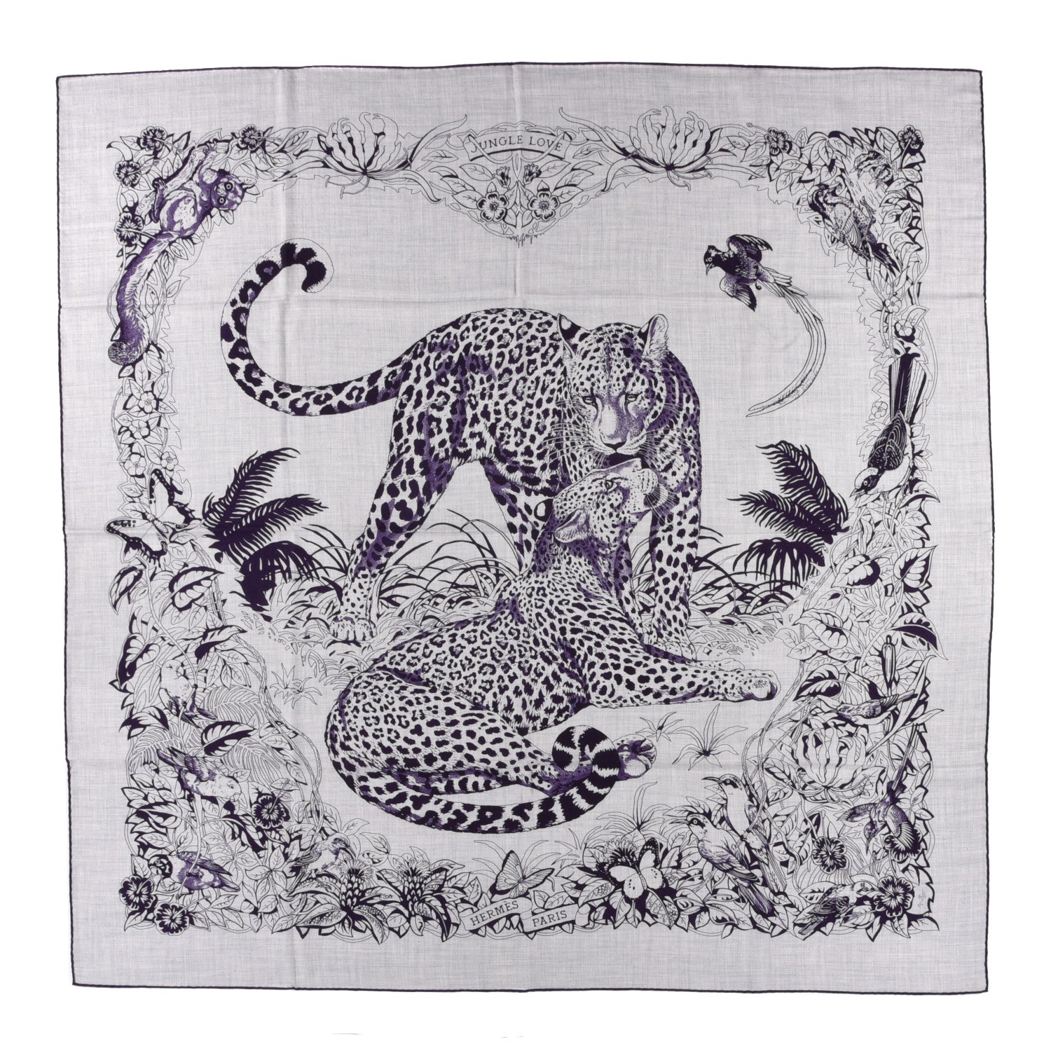 Hermes Cashmere Silk Jungle Love Tattoo Shawl 140 Gris Chine Iris 1 of 4
