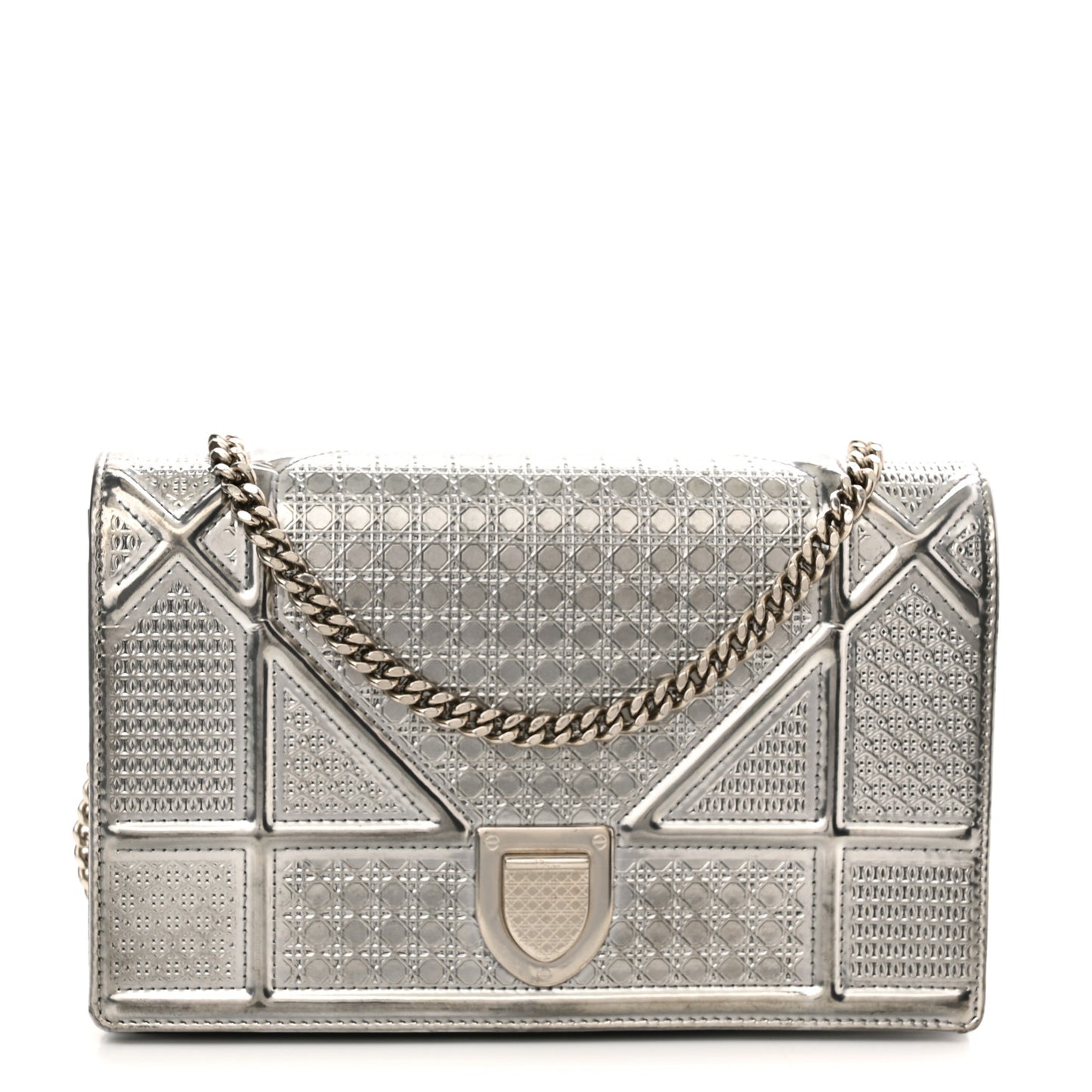 Metallic Patent Micro-Cannage Diorama Wallet on Chain Pouch Silver