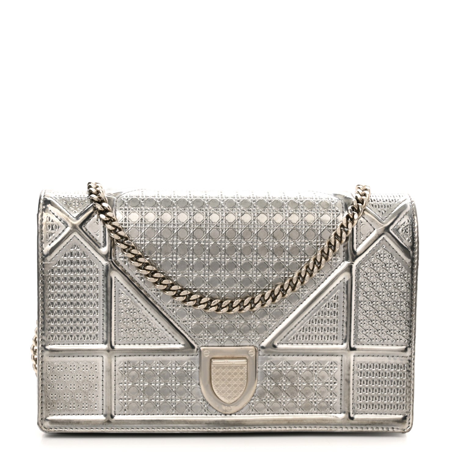 Christian Dior Metallic Patent Micro-Cannage Diorama Wallet on Chain Pouch Silver 1 of 11