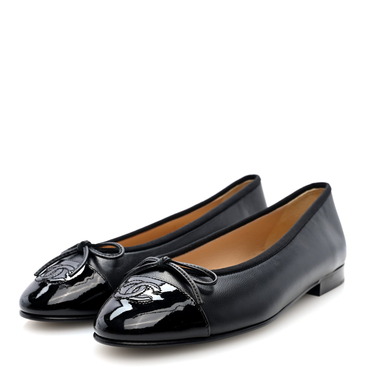 Chanel Lambskin Patent Cap Toe Ballerina Flats 37 Black 2 of 9