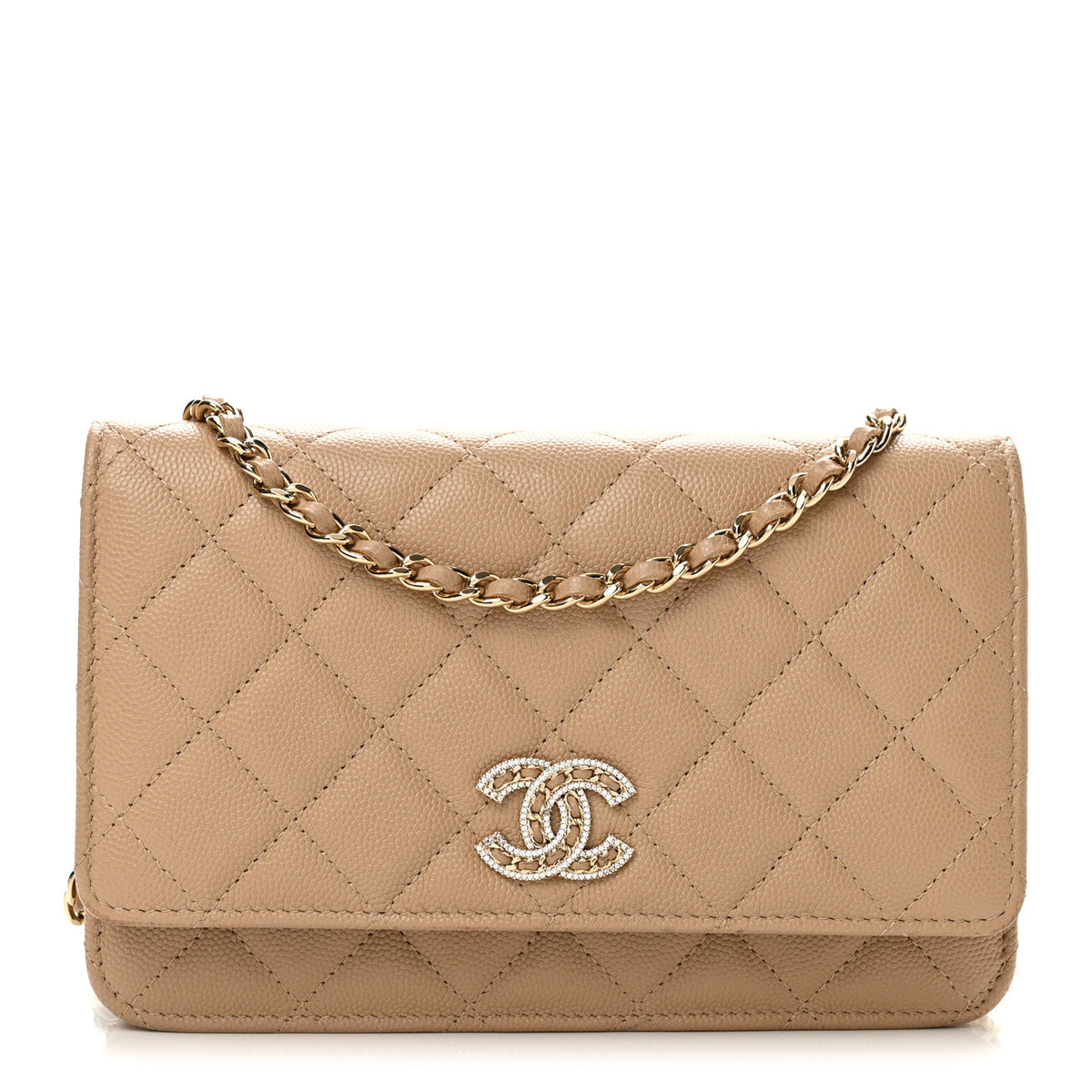 Caviar Quilted Crystal CC Wallet On Chain WOC Beige