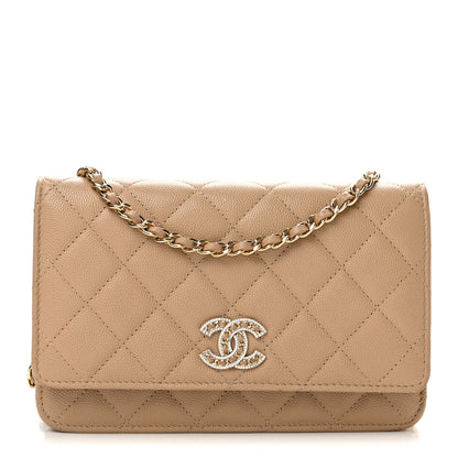 Chanel Caviar Quilted Crystal CC Wallet On Chain WOC Beige 1 of 13
