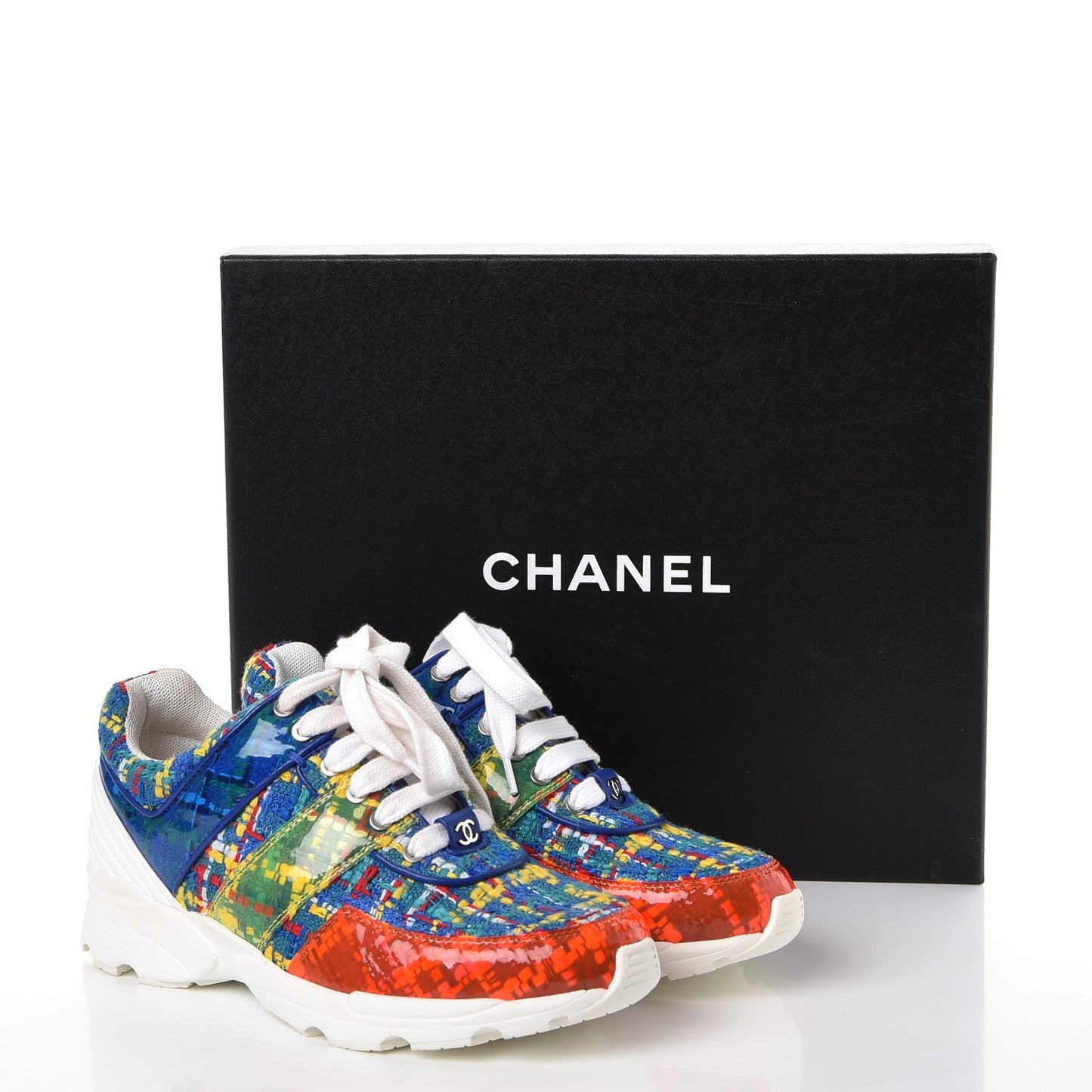 Tweed Calfskin Tennis Sneakers 35 Red Yellow Blue