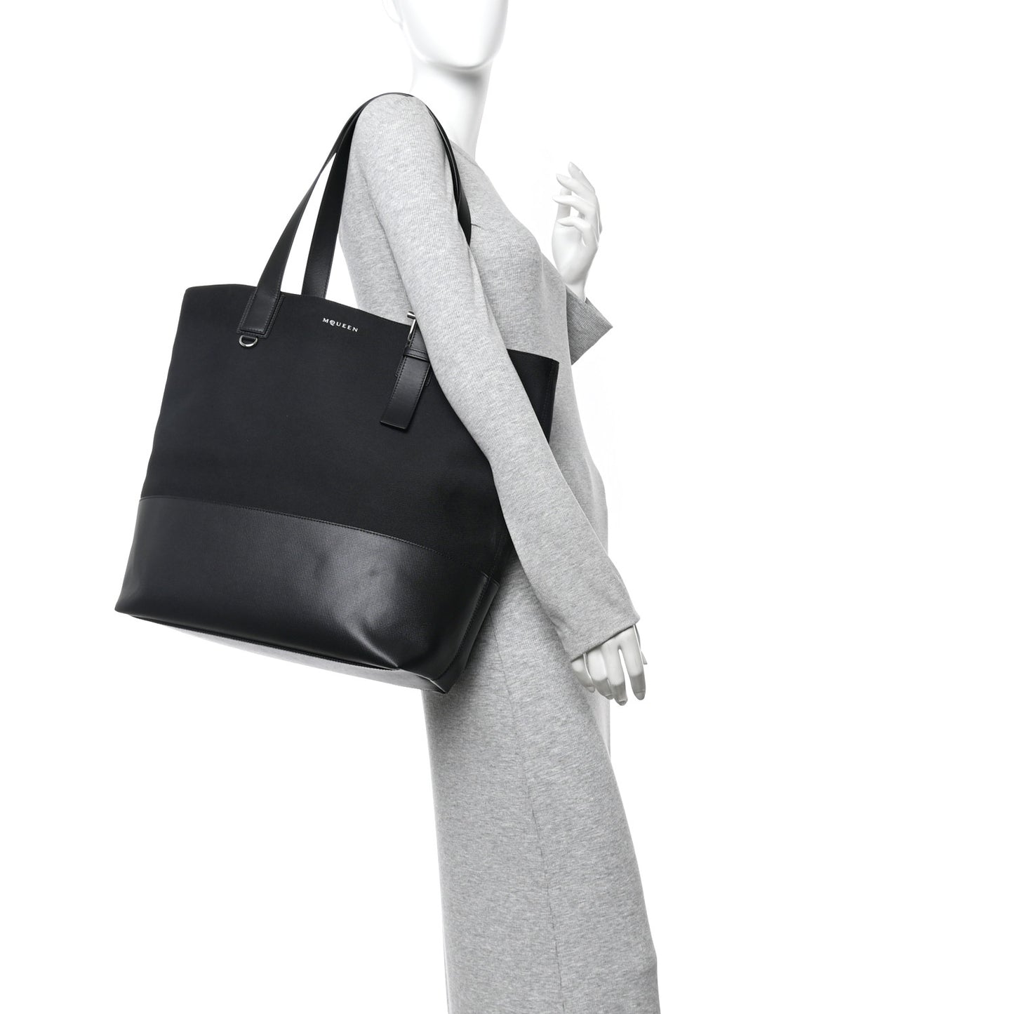 Canvas Calfskin T-Bar Shopping Bag Black