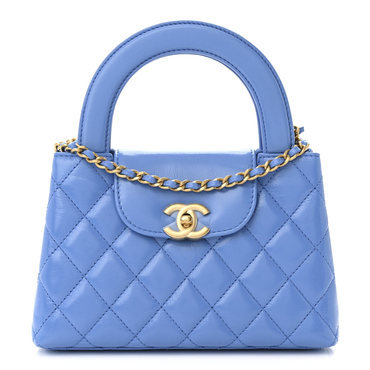 Shiny Aged Calfskin Quilted Nano Kelly Shopper Blue
