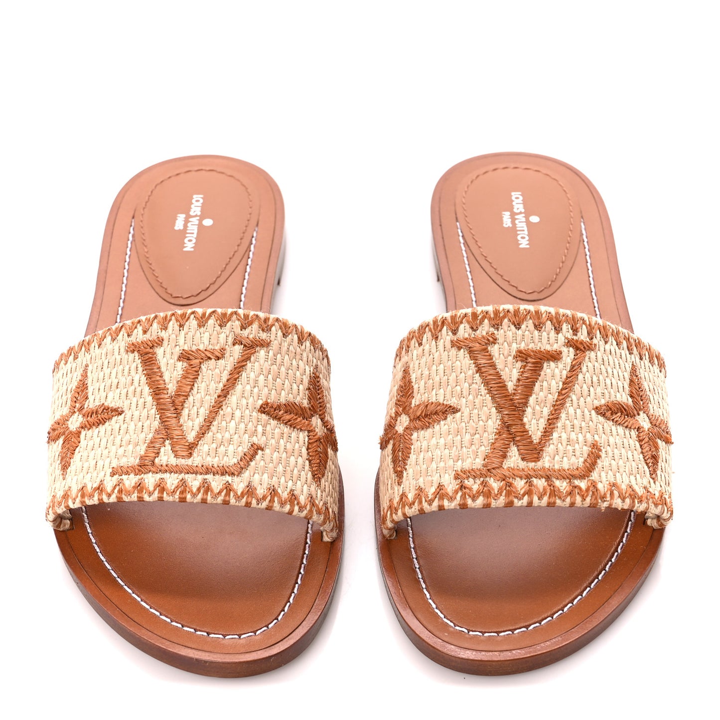 Raffia Calfskin Monogram Lock It Flat Mules 36.5 Cognac Brown