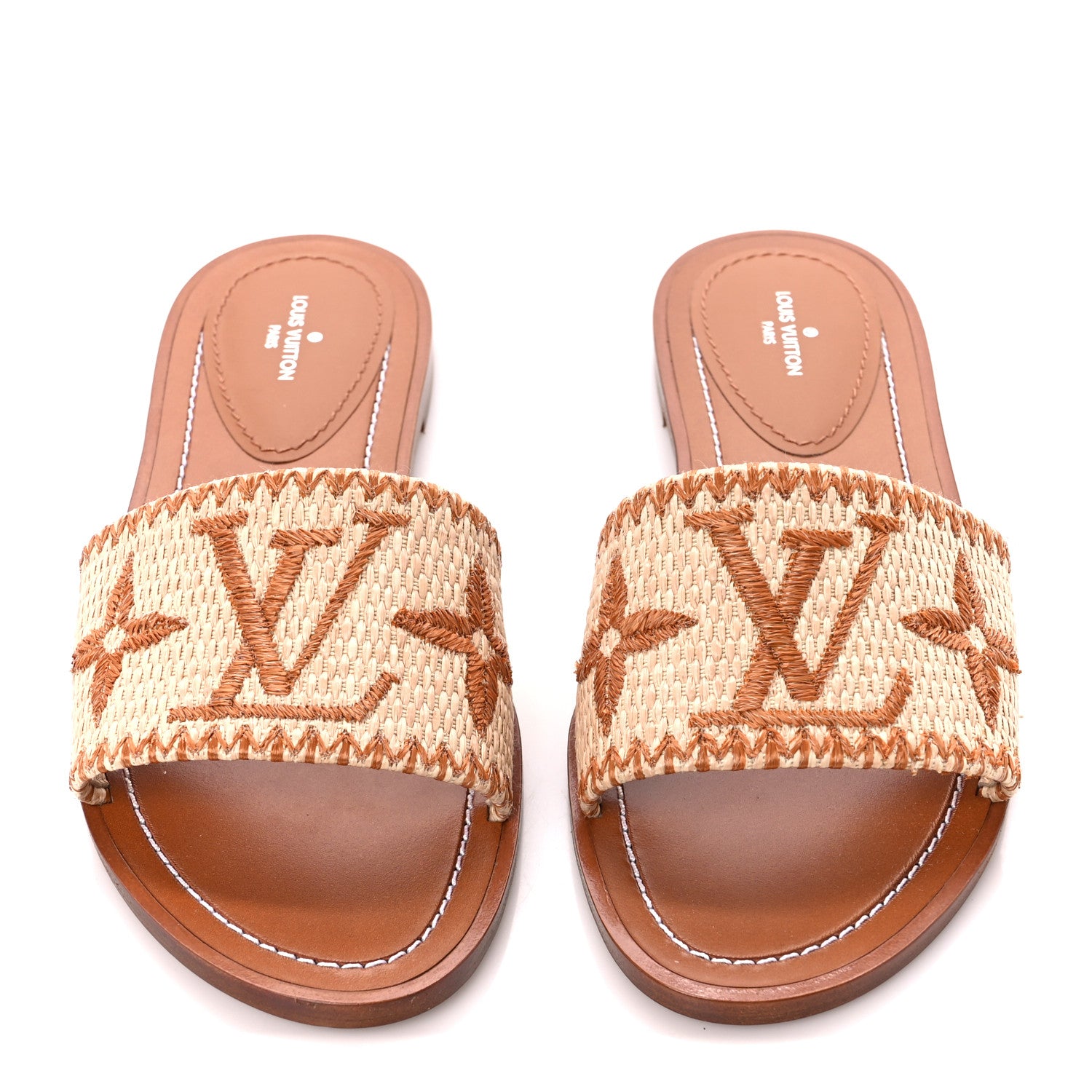 Louis Vuitton Raffia Calfskin Monogram Lock It Flat Mules 36.5 Cognac Brown 2 of 9