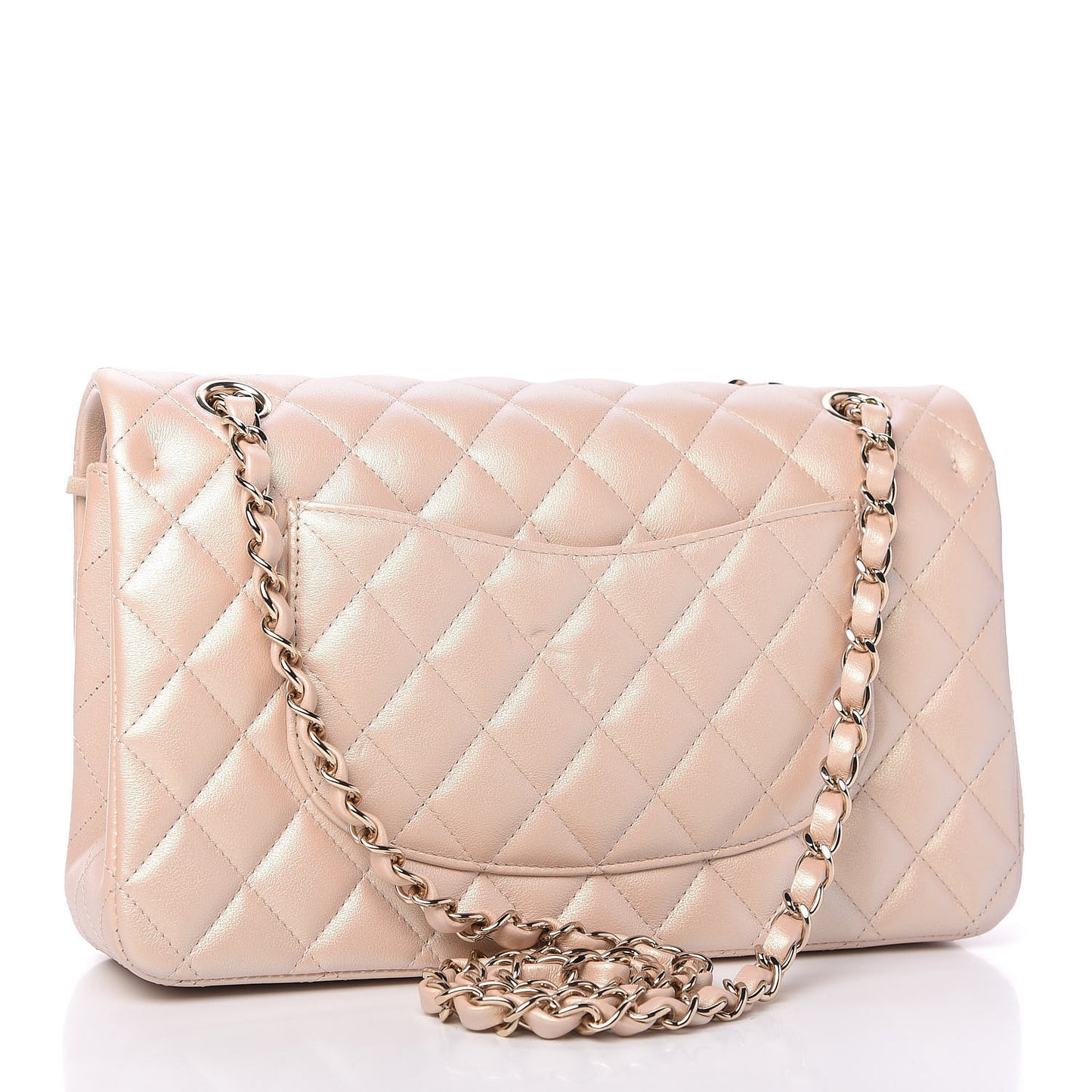Iridescent Calfskin Quilted Medium Double Flap Beige