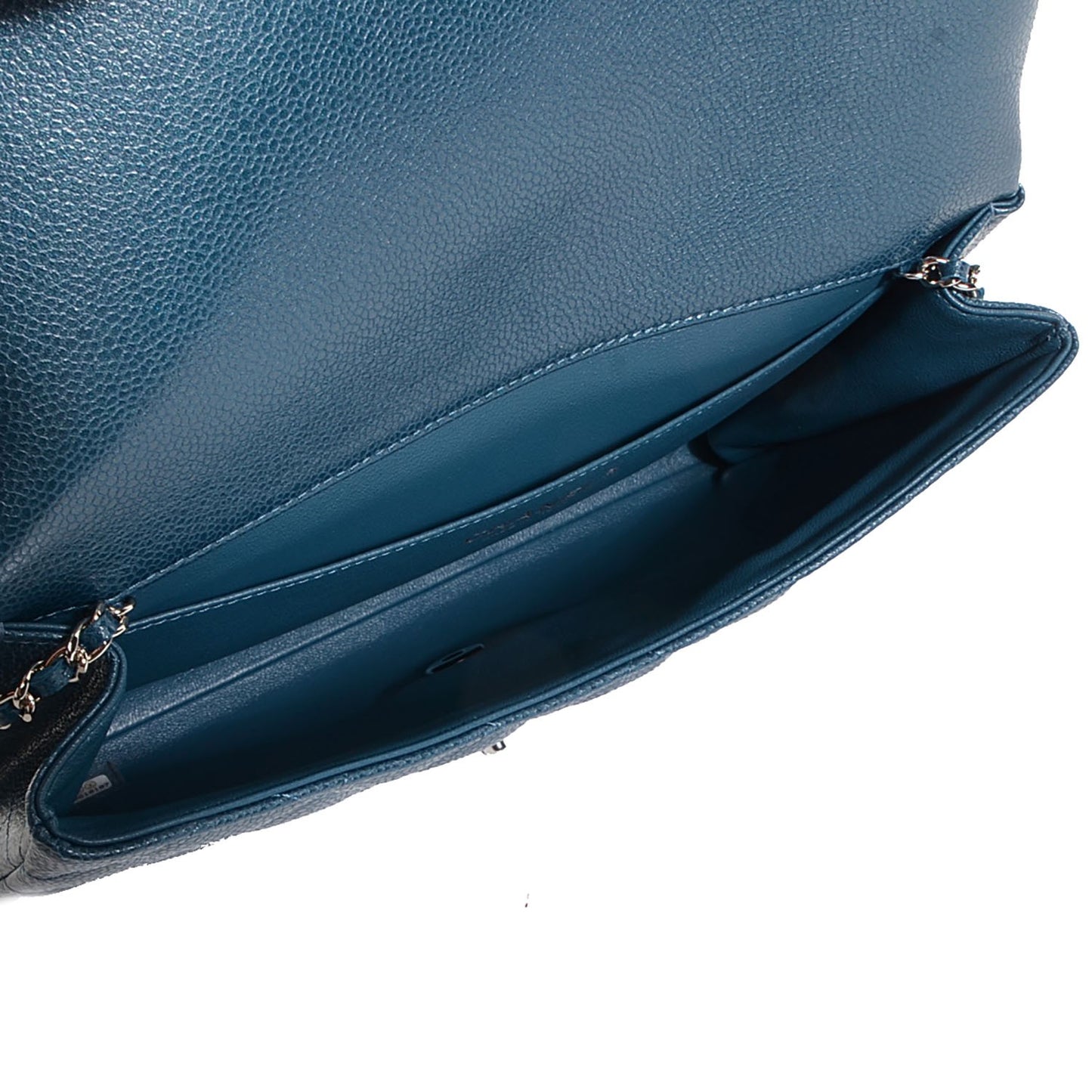 Iridescent Caviar Quilted Clutch With Chain Flap Blue