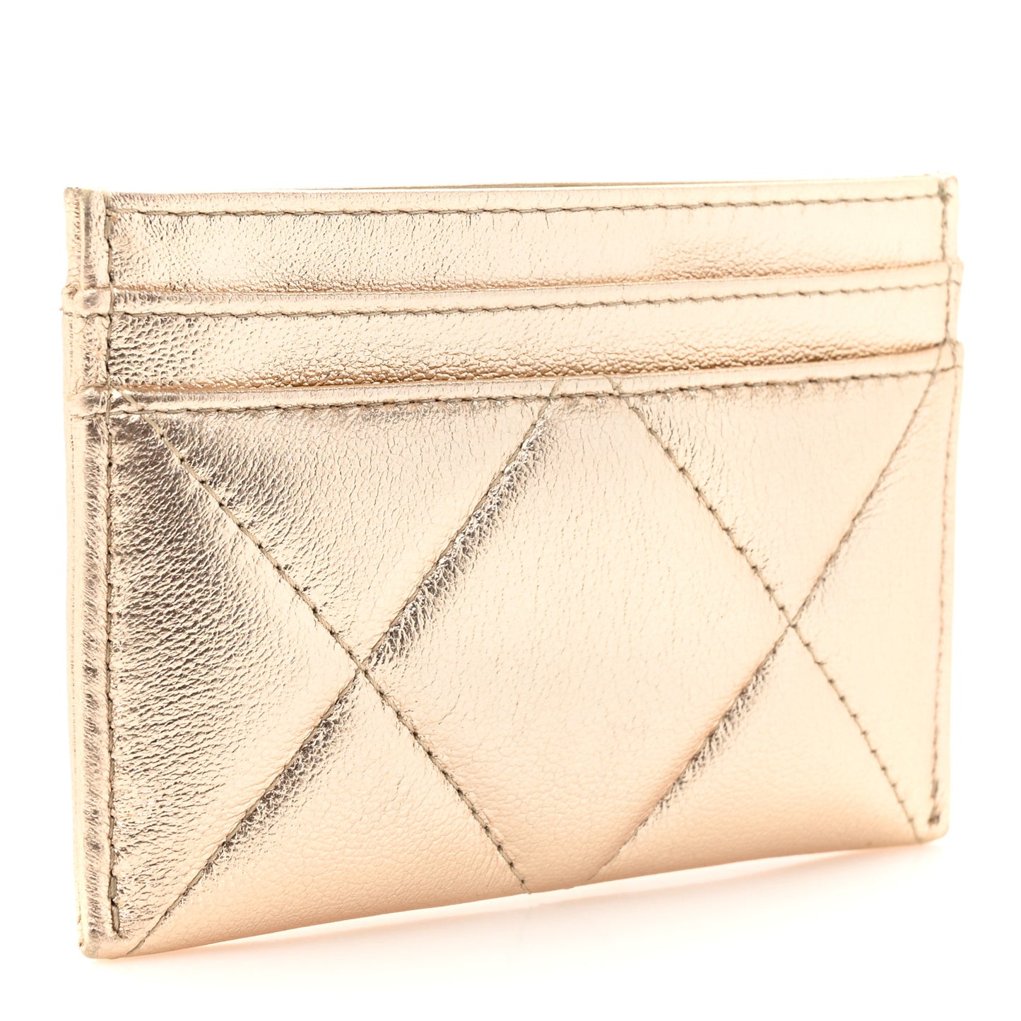 Metallic Goatskin Quilted Chanel 19 Card Holder Gold