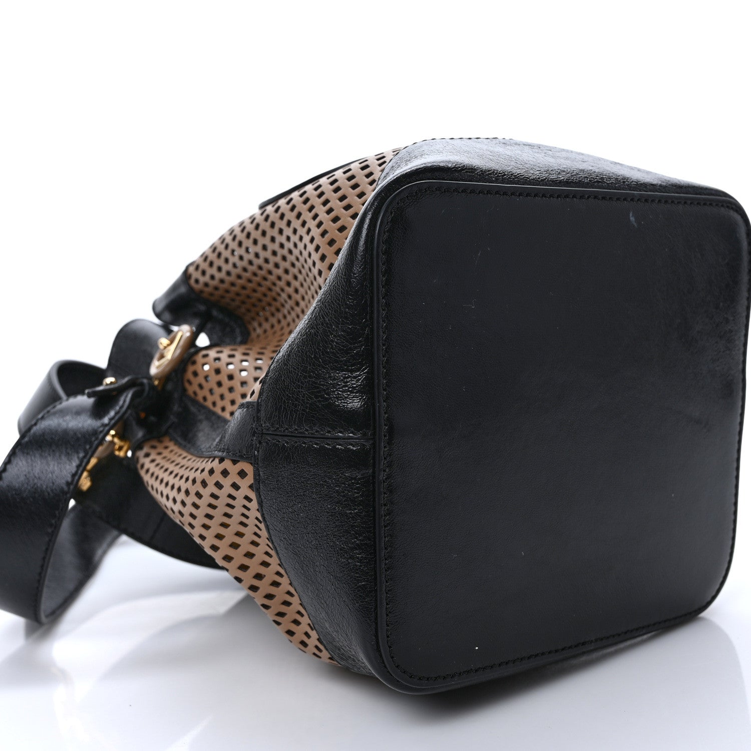 Fendi Vitello Liberty Glossy Lambskin F is Fendi Perforated Mini Mon Tresor Bucket Bag Sand Mimosa Black 8 of 9