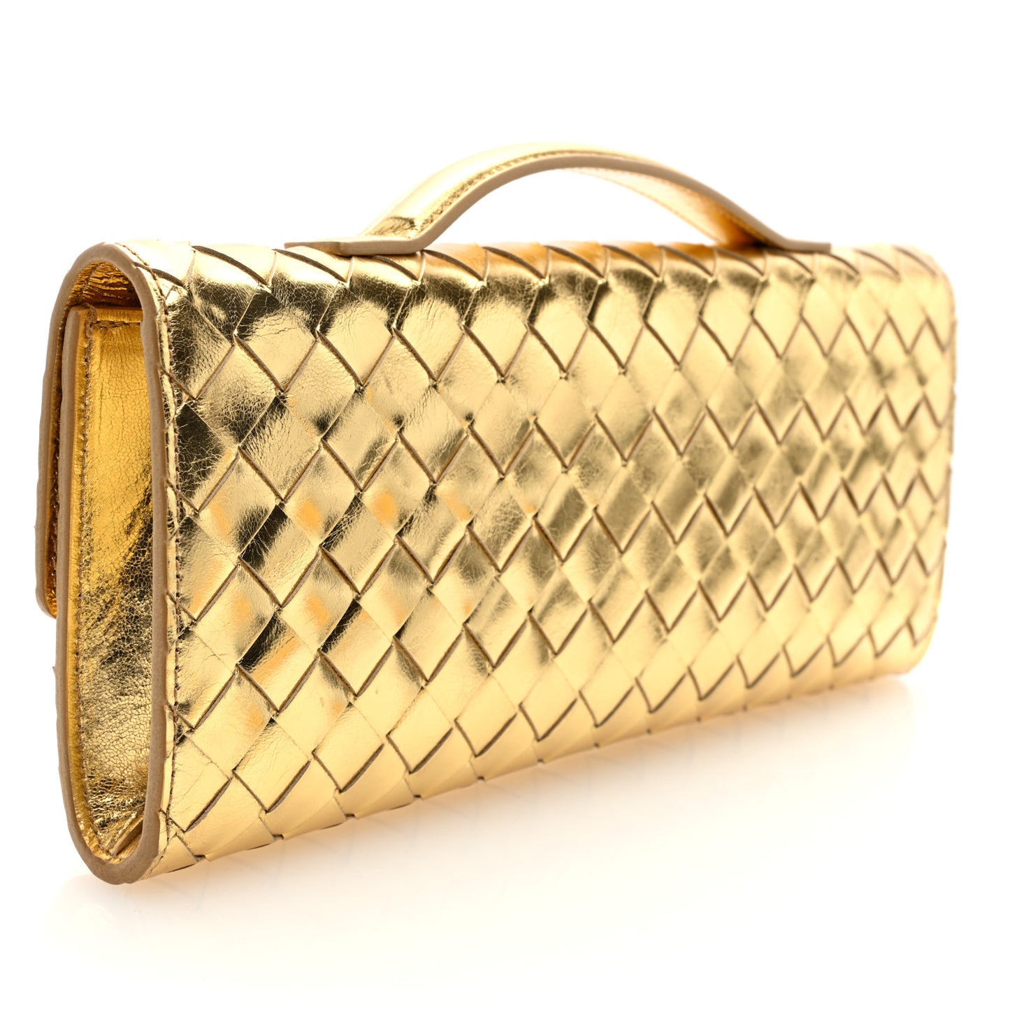 Metallic Lambskin Intrecciato Long Andiamo Top Handle Clutch Gold