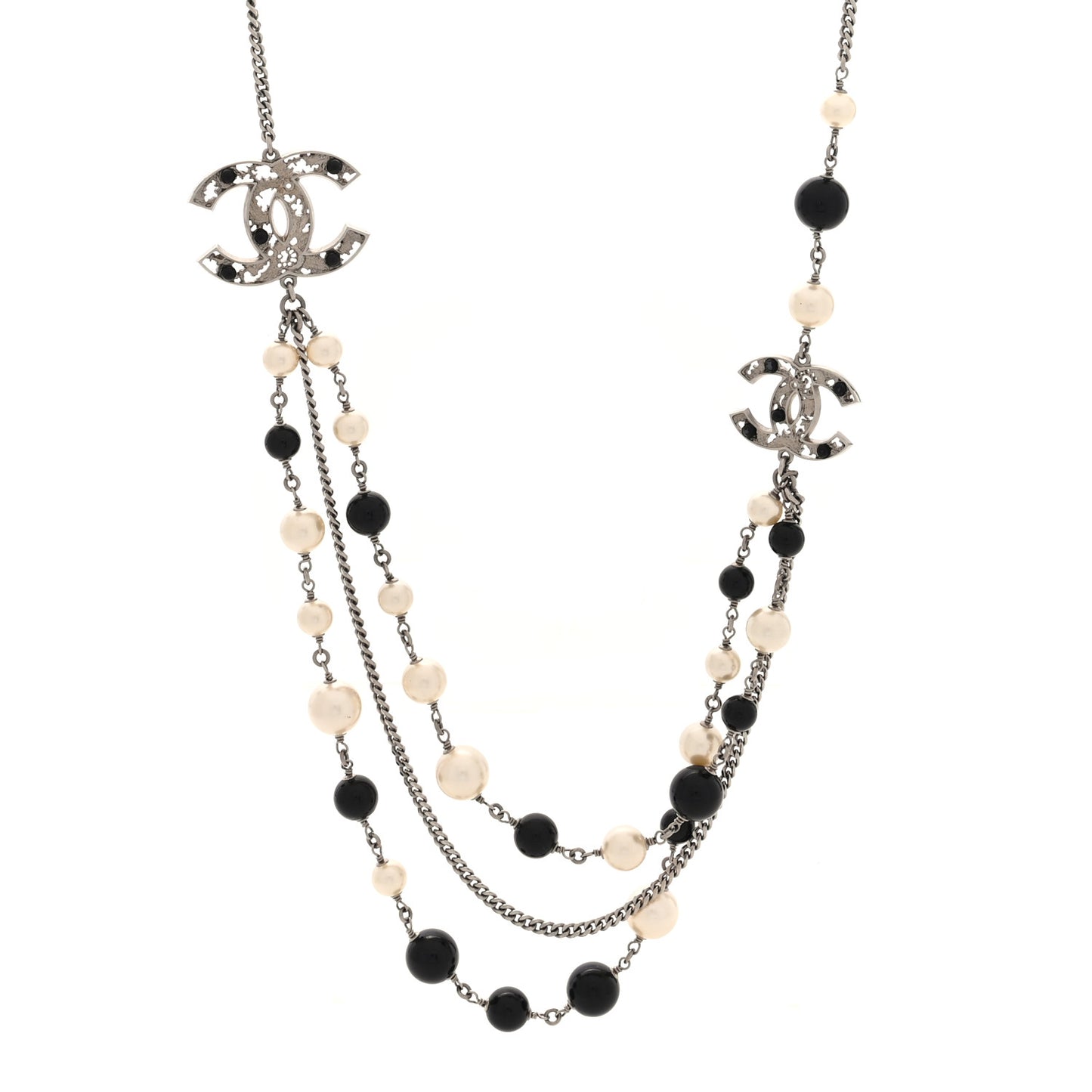 Pearl Enamel Beaded CC Long Necklace Black White Gold