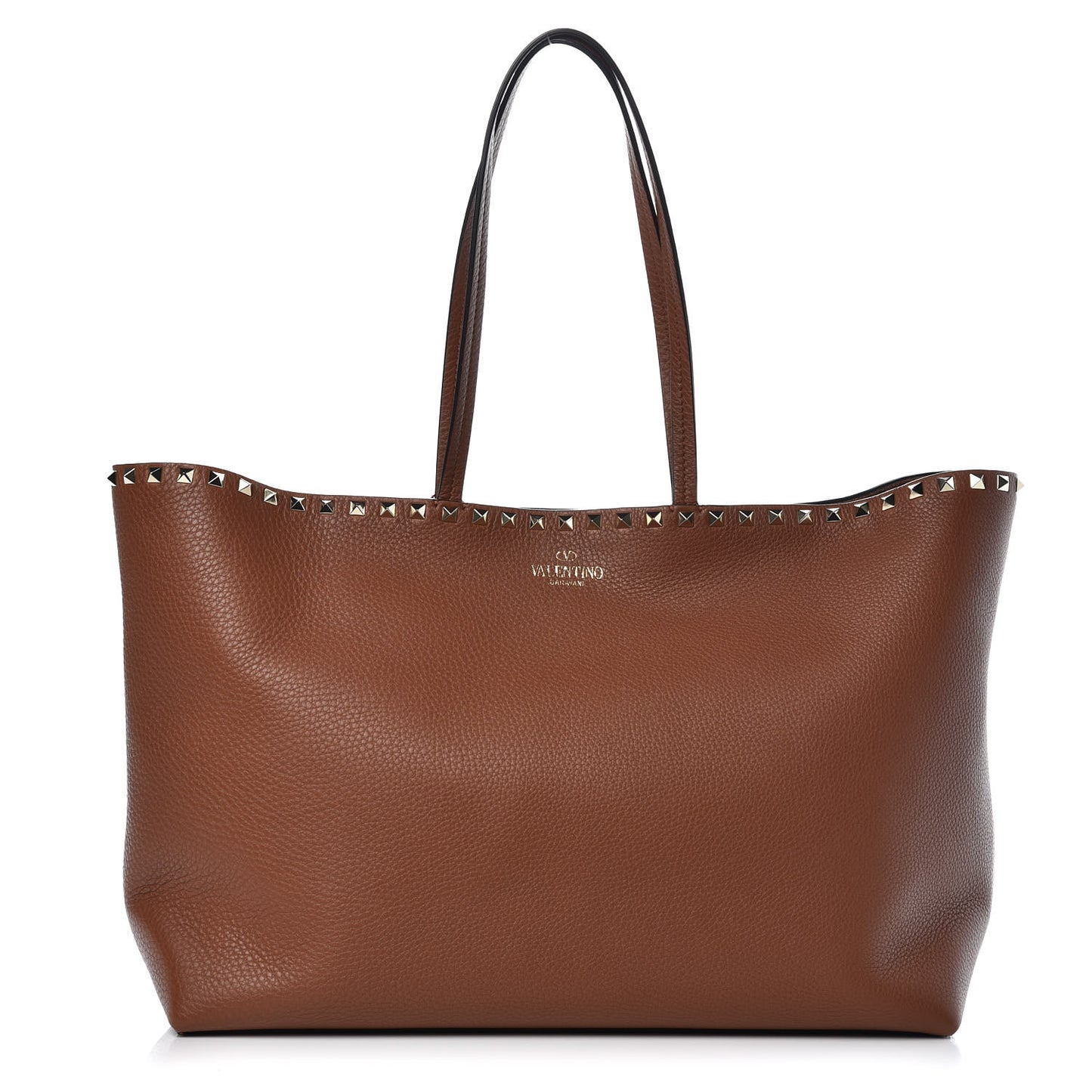 Grained Calfskin Rockstud Shoulder Tote Bright Cognac