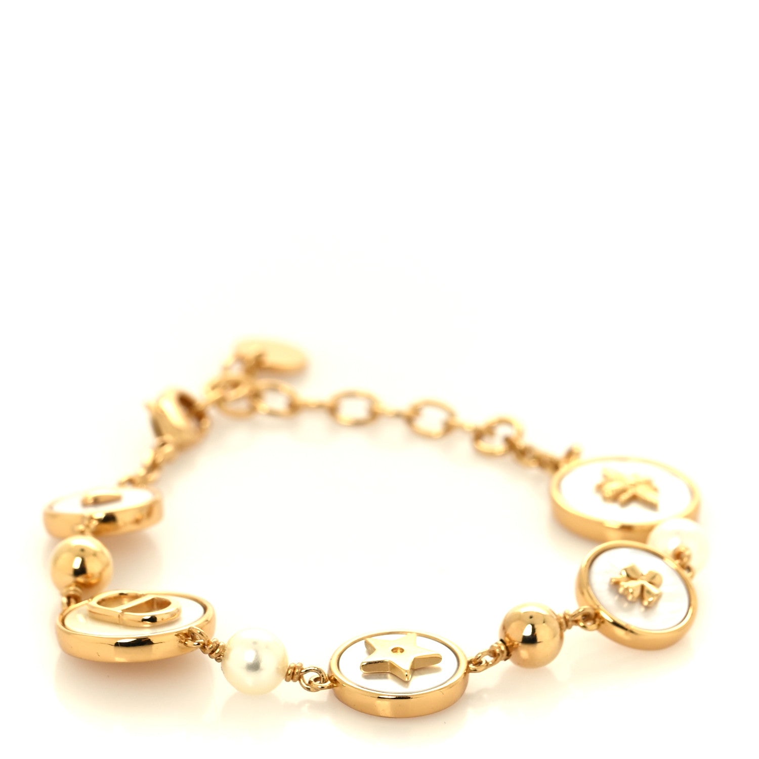 Christian Dior Metal Resin Pearl Mother of Pearl D-Luck Bracelet Gold 1 of 4