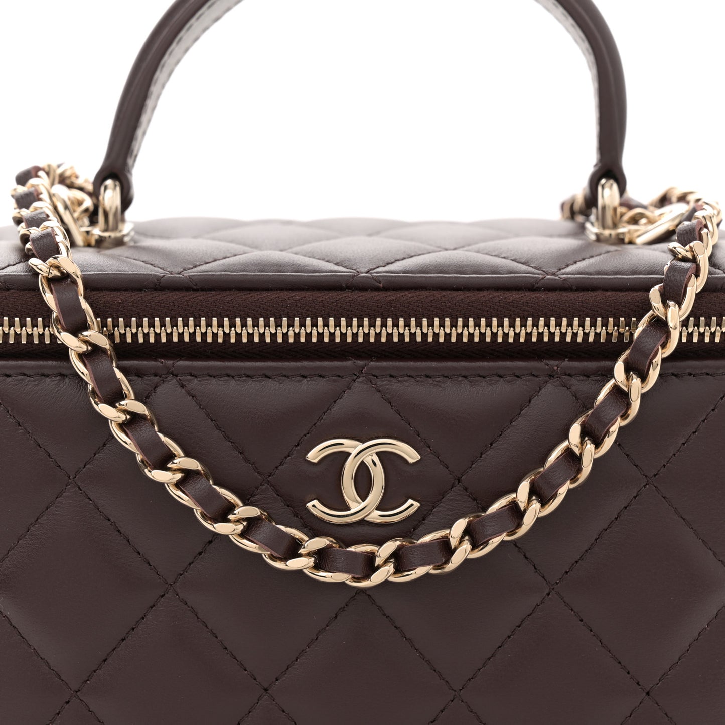 Lambskin Quilted Small Top Handle Vanity Case With Chain Dark Brown