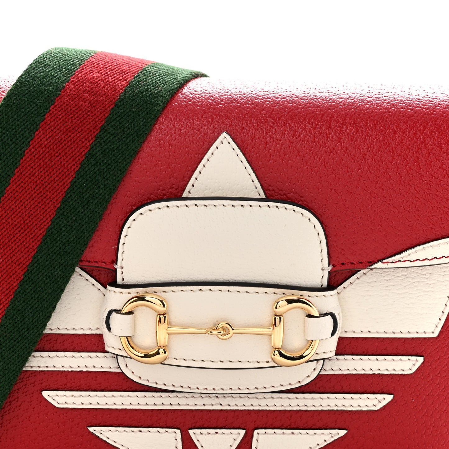X ADIDAS Textured Dollar Calfskin Web Trefoil Mini Horsebit 1955 Shoulder Bag Hibiscus Red Off White