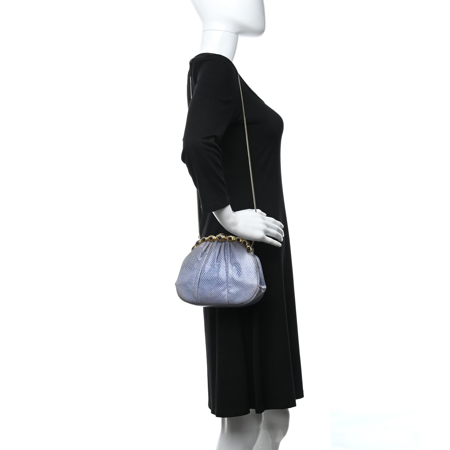 Lizard Embossed Pleated Evening Bag Blue Grey Gold