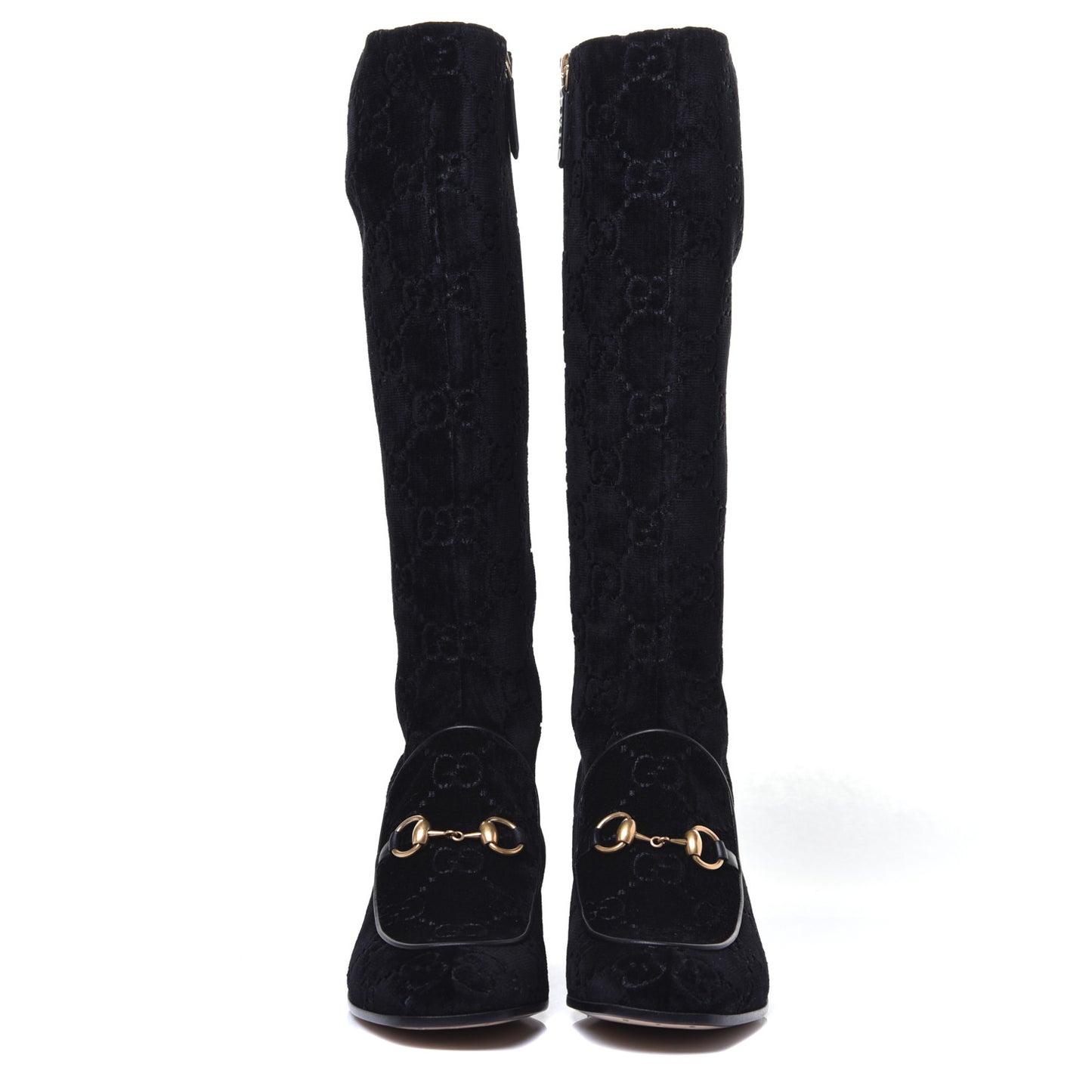 Velvet GG Monogram Crystal Horsebit Knee High Boots 39.5 Black