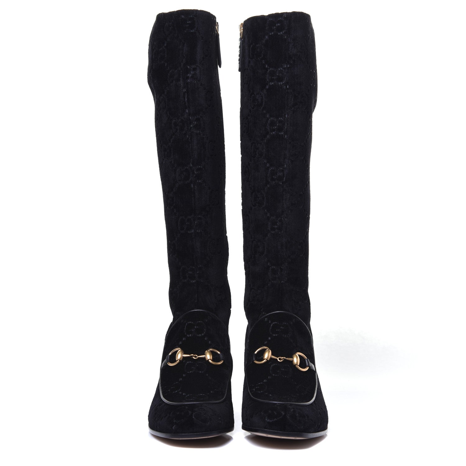 Gucci Velvet GG Monogram Crystal Horsebit Knee High Boots 39.5 Black 2 of 9