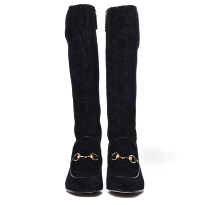 Gucci Velvet GG Monogram Crystal Horsebit Knee High Boots 39.5 Black 2 of 9
