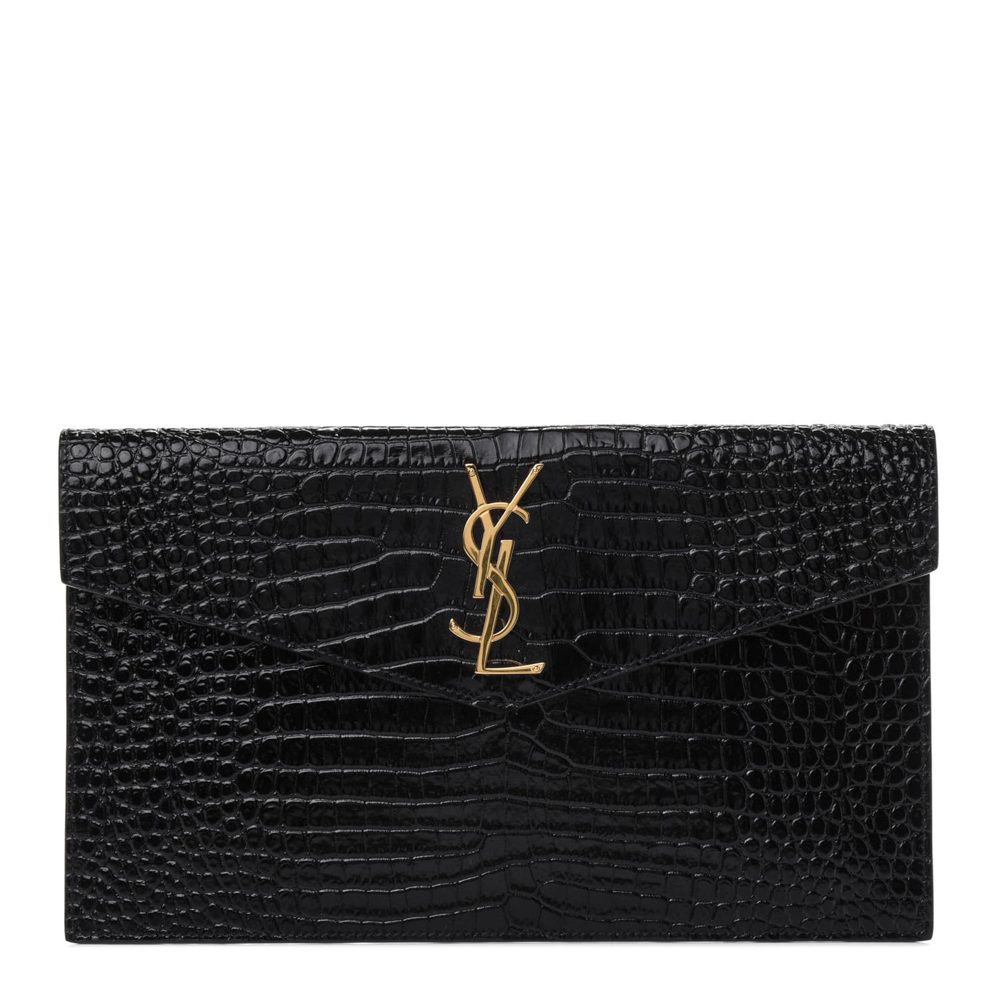 Calfskin Crocodile Embossed Uptown Monogram Clutch Black