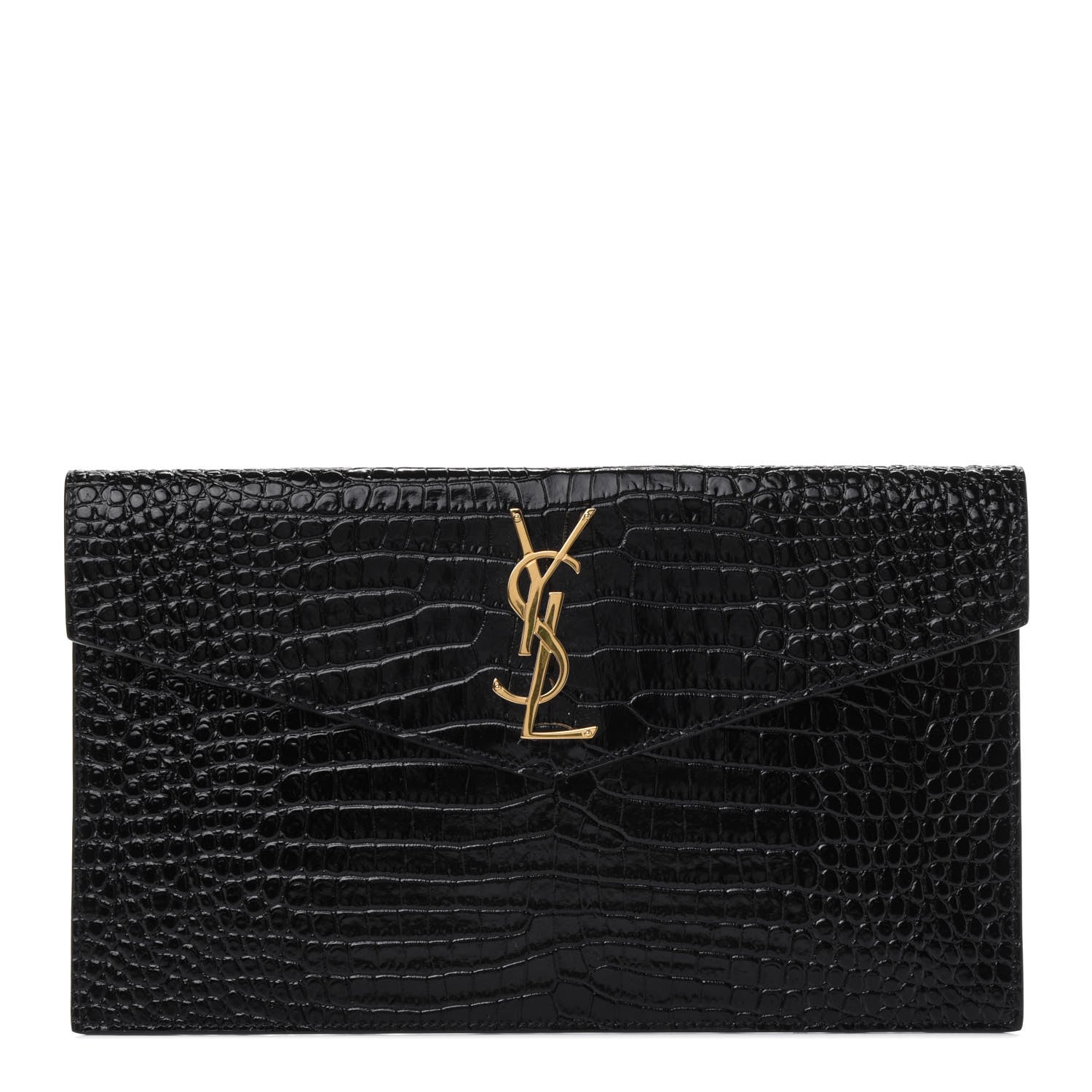 Saint Laurent Calfskin Crocodile Embossed Uptown Monogram Clutch Black 1 of 4