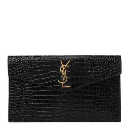 Saint Laurent Calfskin Crocodile Embossed Uptown Monogram Clutch Black 1 of 4