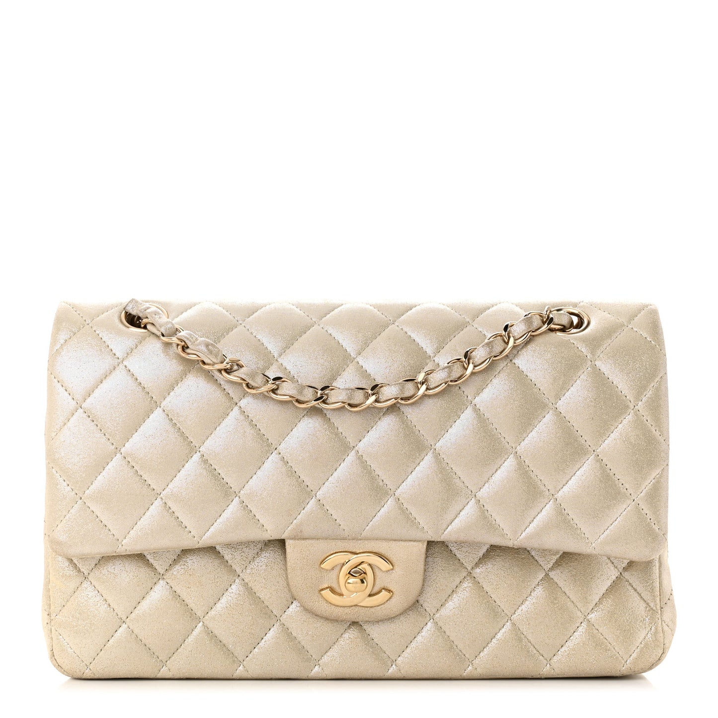Iridescent Calfskin Quilted Medium Double Flap Light Gold