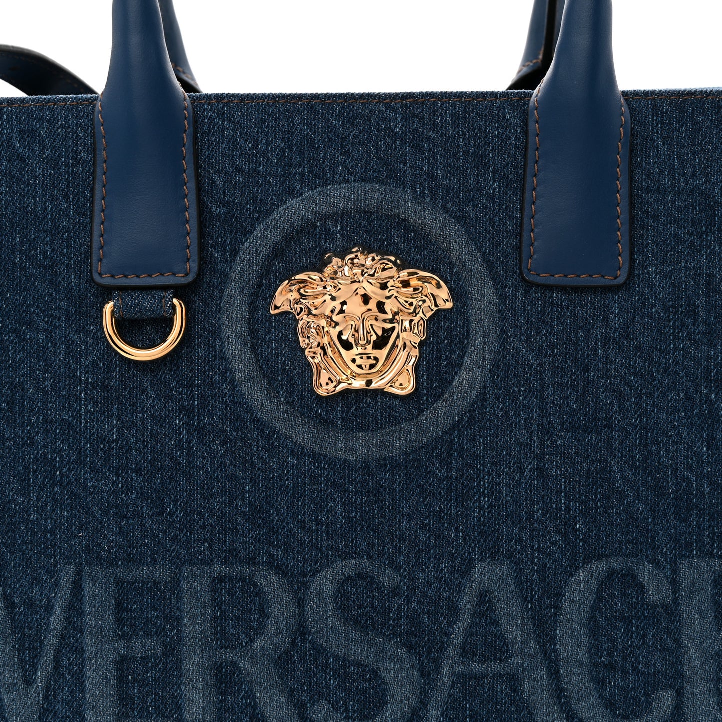Denim Calfskin La Medusa Small Tote Bag Blue