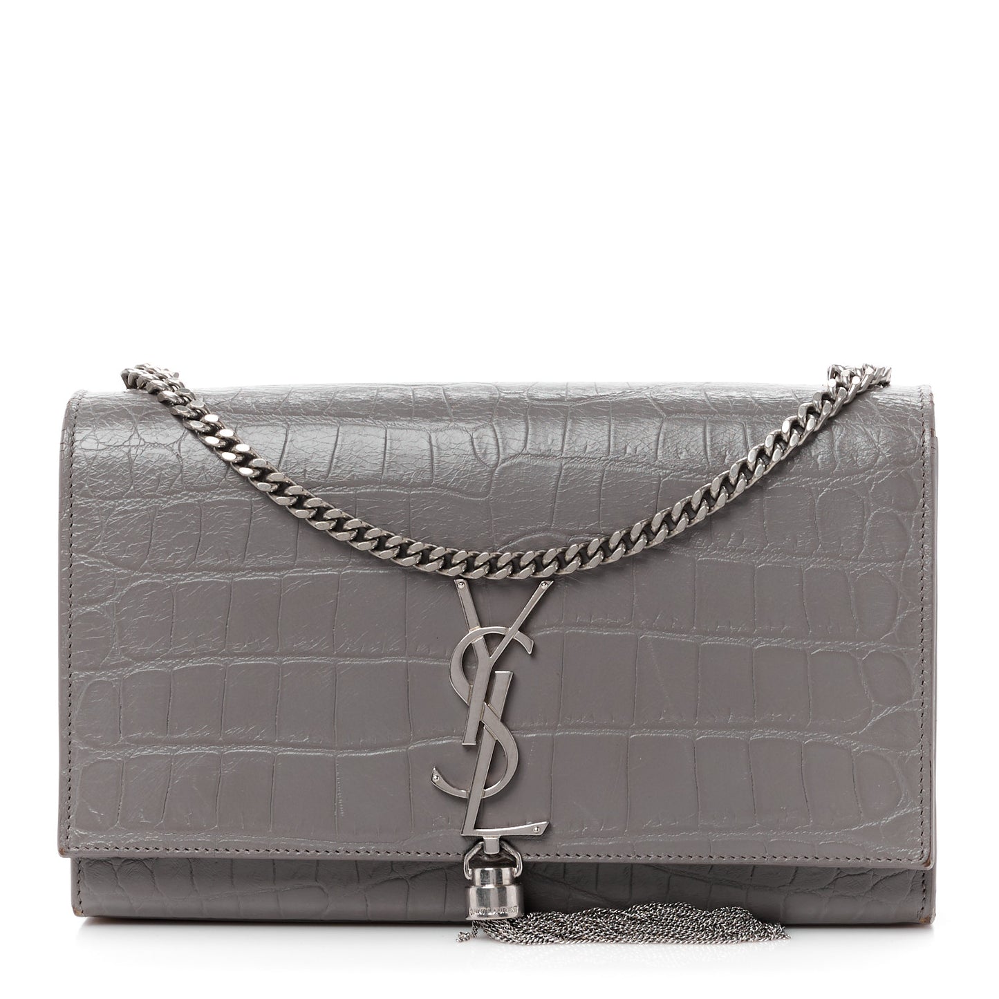 SAINT LAURENT Calfskin Crocodile Embossed Medium Classic Monogram Kate Tassel Satchel Fog