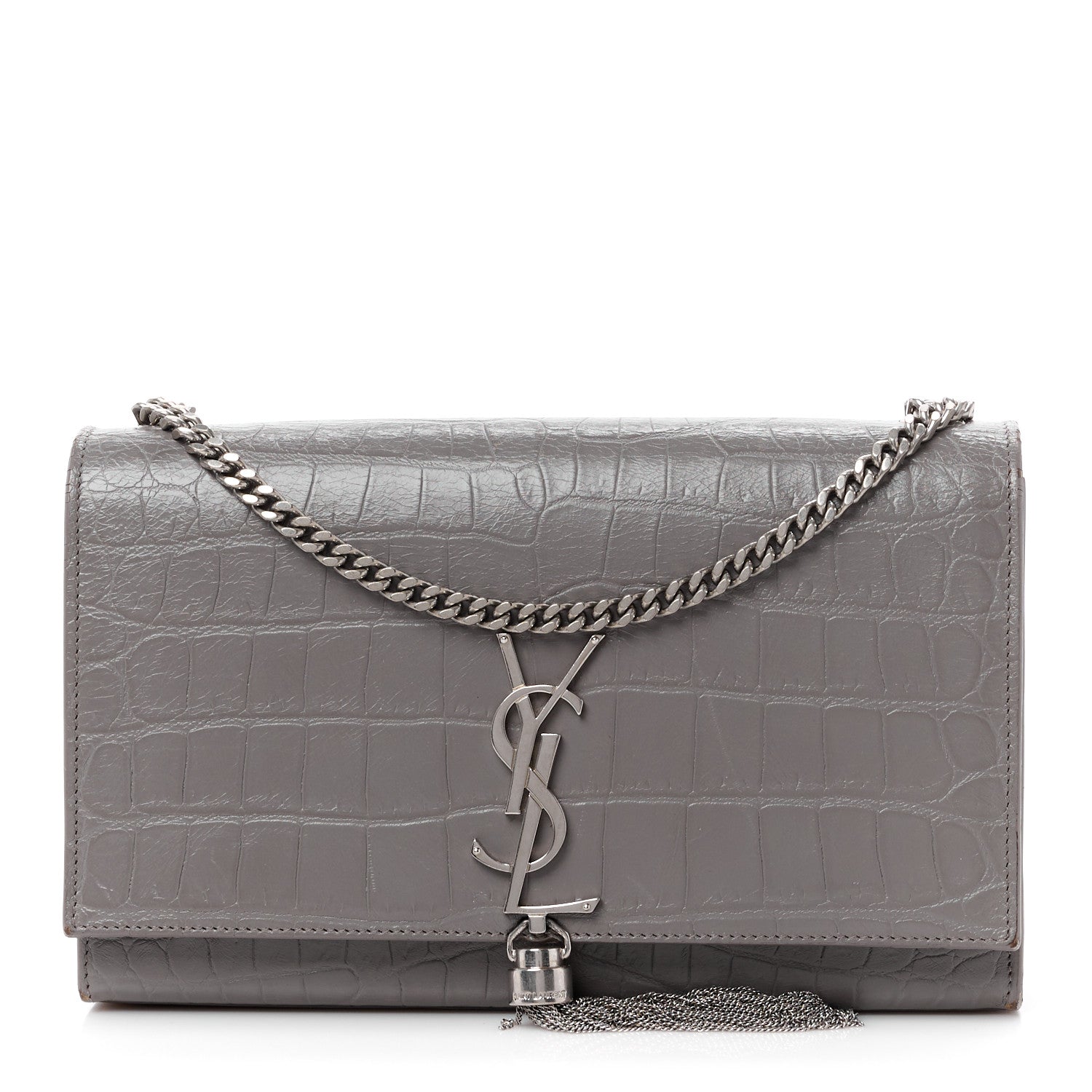 Saint Laurent SAINT LAURENT Calfskin Crocodile Embossed Medium Classic Monogram Kate Tassel Satchel Fog 1 of 13